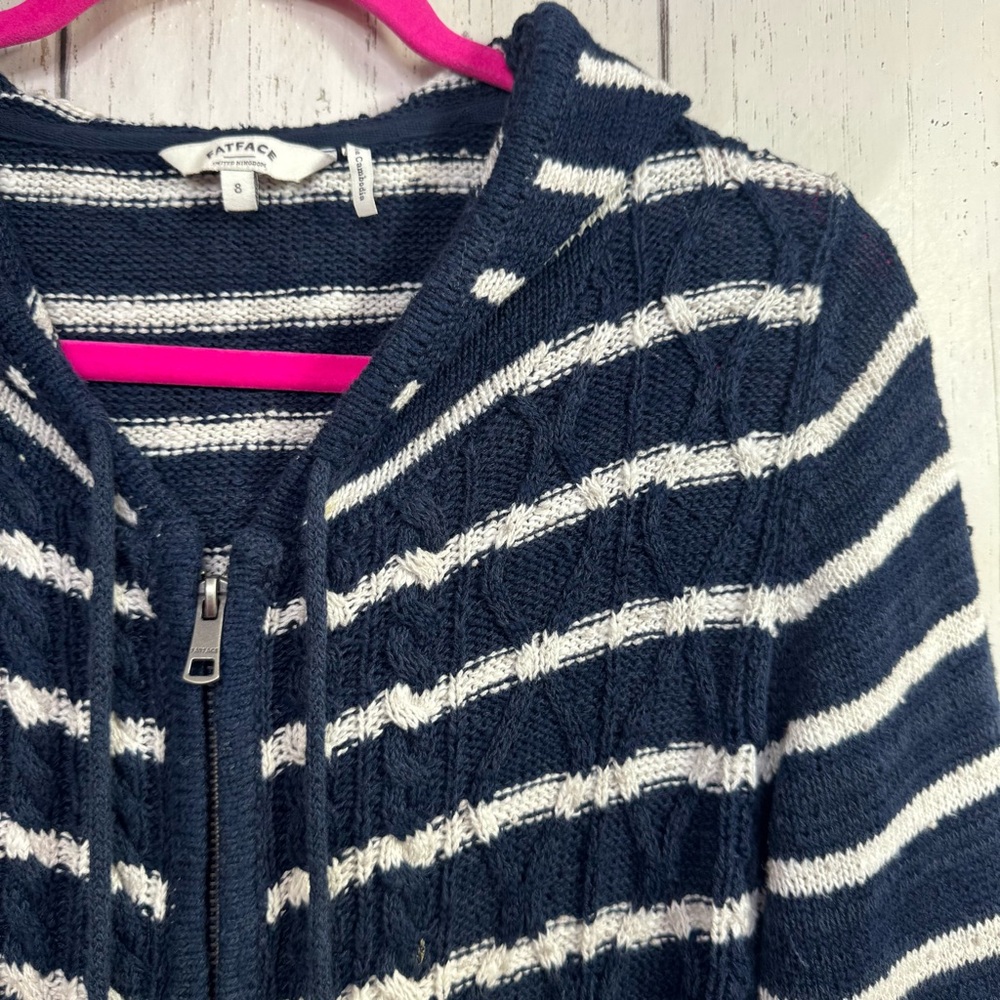 FatFace Striped Knit Hoodie Cardigan Navy White Size 8 Preppy Coastal Grandma - Picture 3 of 15